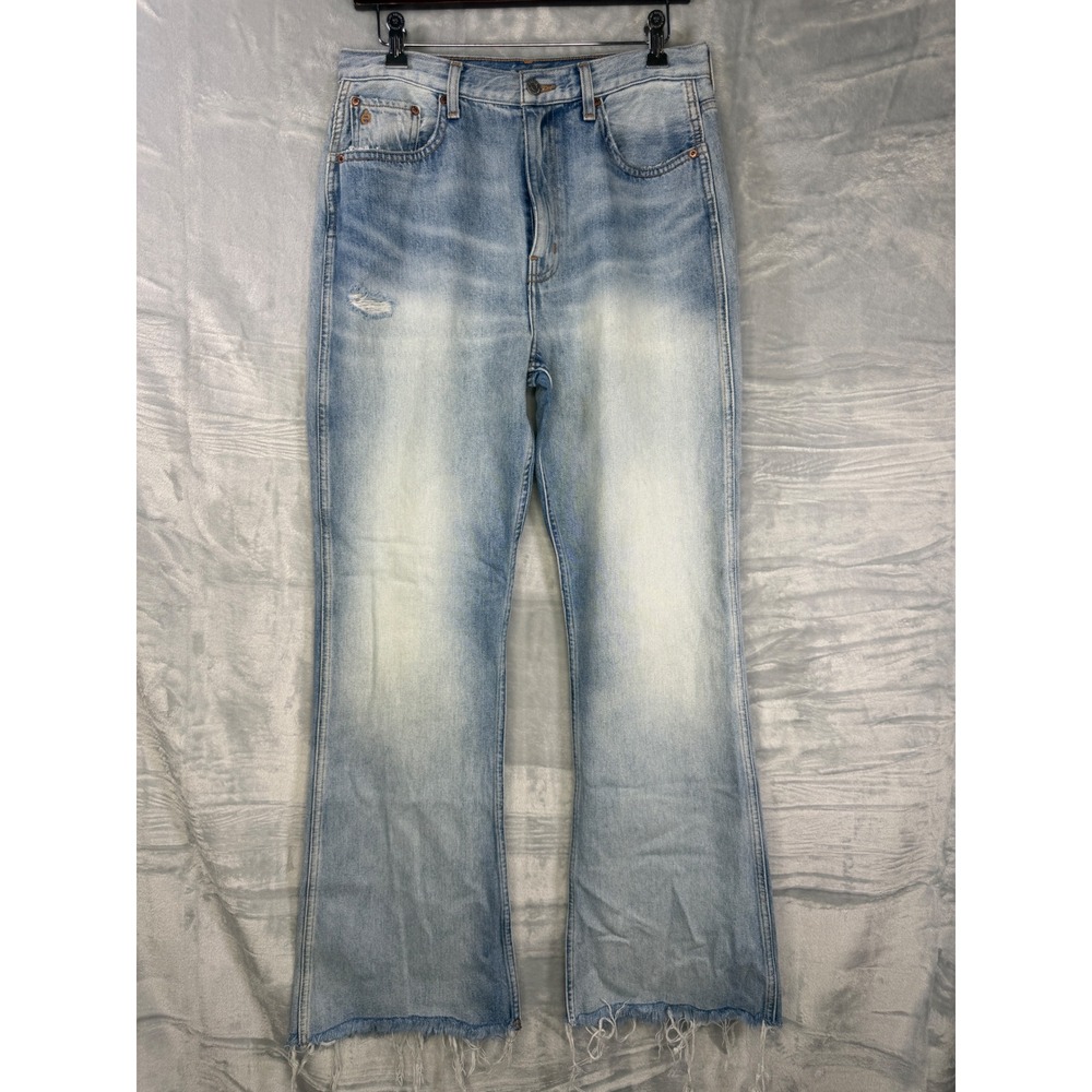 Etica Sasha Modern Flare Jeans Womens 29 Light Wash Distressed Raw Hem High Rise